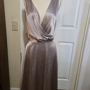 RALPH LAUREN   Elegant Satin V-Neck Dress in Taupe Size 12  NWT